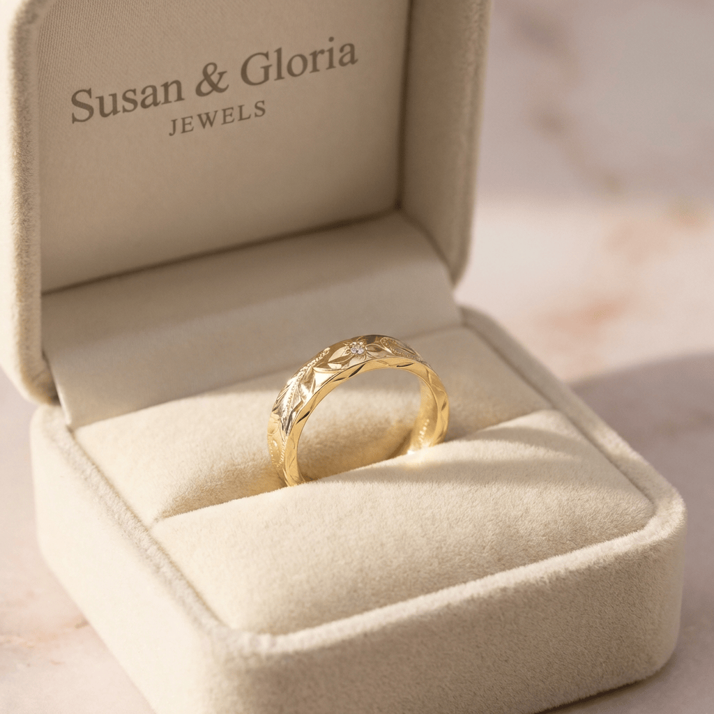 Anel vintage de folha de ouro da Rose & Oliver, com acabamento dourado e detalhes elegantes, visualizado de frente.