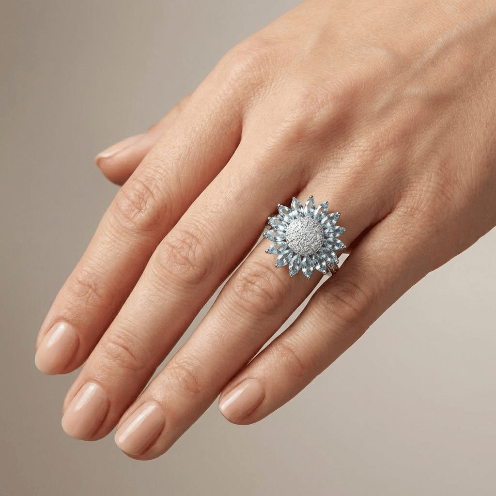 Ring mit blauem Topas-Blatt, silberfarben, von Rose & Oliver – Hervorhebung des blauen Topas-Steins und floraler Details am Schmuckstück.