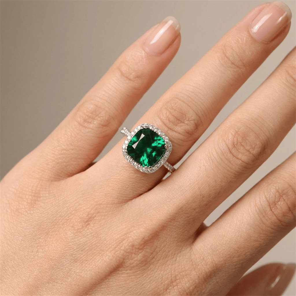 Anillo de plata con aro de diamantes y gran esmeralda verde en el centro, diseño halo de cojín, de la marca Rose & Oliver.