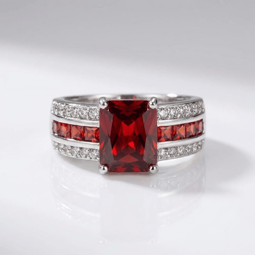 Vintage-Ring aus Edelstein von Rose & Oliver mit klassischen Details und eleganter Verarbeitung, Hervorhebung des leuchtenden zentralen Steins.