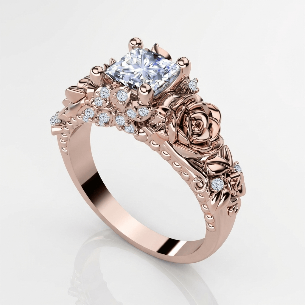 Vintage-Ring Rose & Zircon, Rose & Oliver mit Zirkonstein und zartem Design aus gealtertem Silber.
