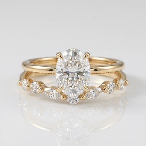 Conjunto de joias Rose & Oliver com anéis de ouro ovalados e diamantes marquise, detalhes elegantes e brilho sofisticado