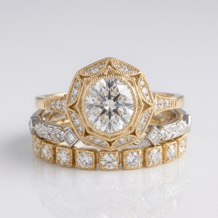 Anel oval de ouro com filigrana e diamantes, da marca Rose & Oliver, com detalhes delicados e acabamento refinado.