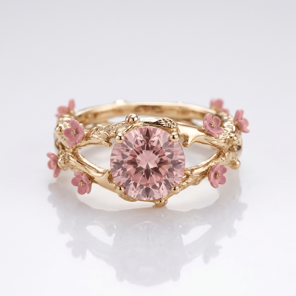 Anel rosa com flor de rosa em prata rosa da marca Rose & Oliver, detalhes delicados em formato de flor.