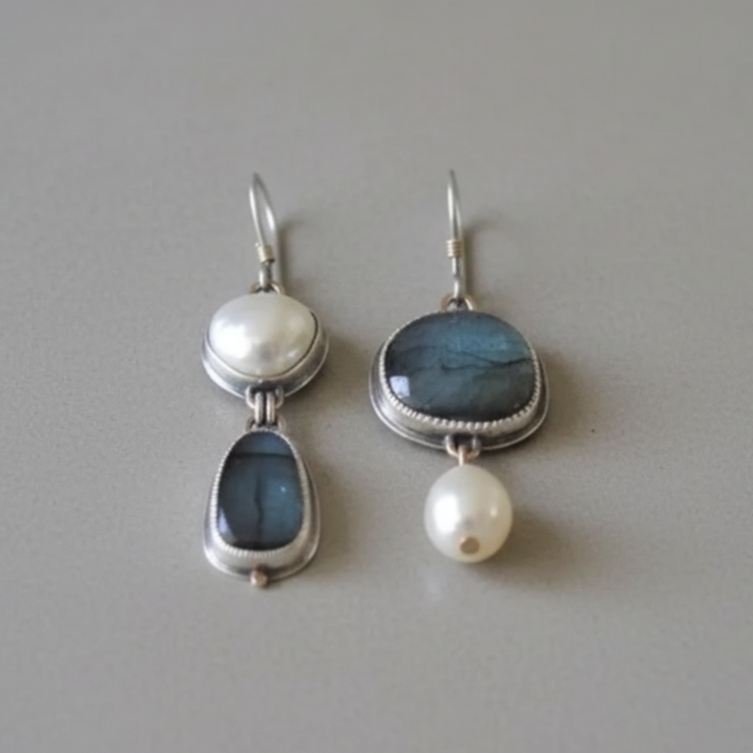 Aretes vintage con piedras azules y perlas de Rose & Oliver, detalles elegantes en estilo clásico.