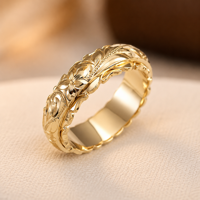 Antiker Goldring mit Blume, Marke Rose & Oliver, feines Detail in goldener Ausführung.