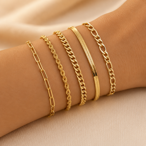 Set goldener Armbänder Ellis™ von Rose & Oliver, elegantes Armband mit glänzenden Details, sophistisches Modeaccessoire.
