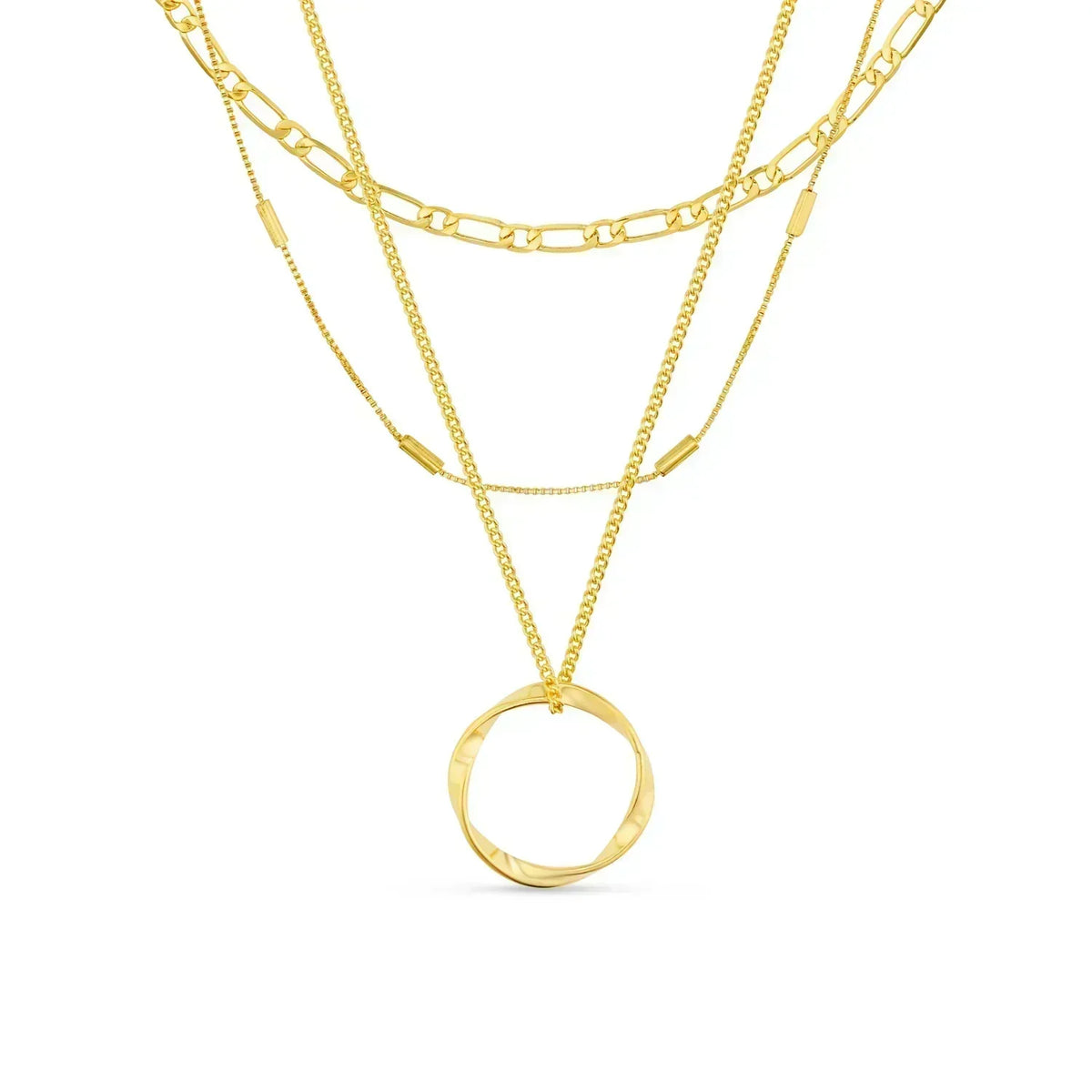 Colar Circa™ com três fileiras de círculos abertos dourados da Rose & Oliver, design elegante e delicado.