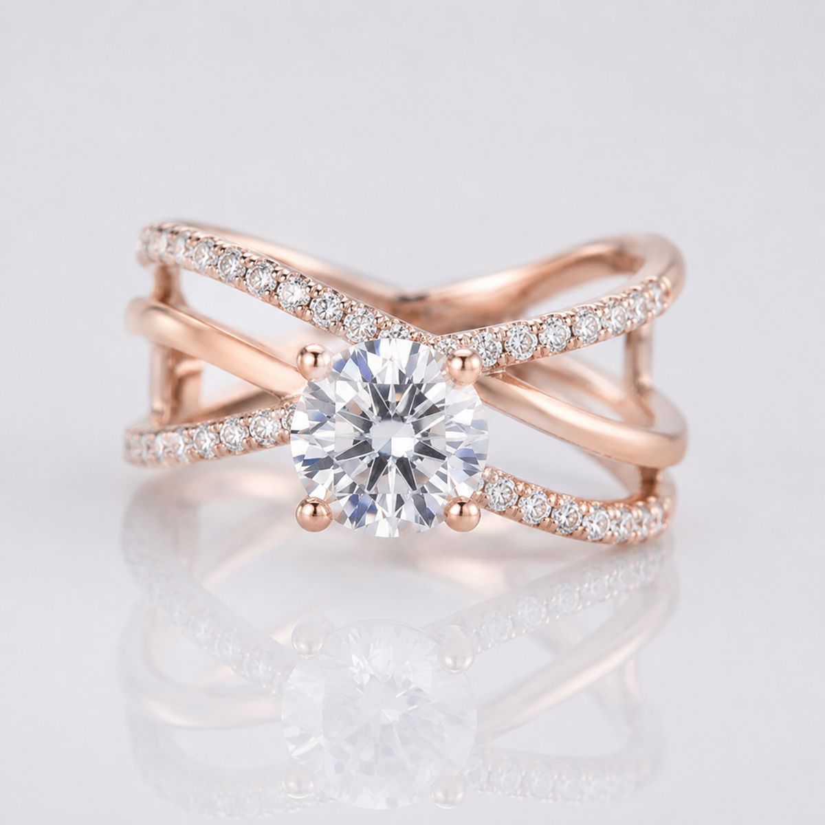 Runder Ring aus roségold mit Diamanten von der Marke Rose & Oliver, elegantes und zartes Crossover-Design.