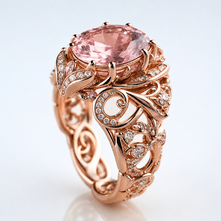 Anel Rose Gold com Turmalina Ornate da Rose & Oliver, detalhe elaborado em ouro rosé e pedra colorida.