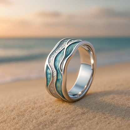 Ring Chloe Rose & Oliver mit türkis-silbernen Wellen, feinen silbernen Details, elegantes und raffiniertes Design.