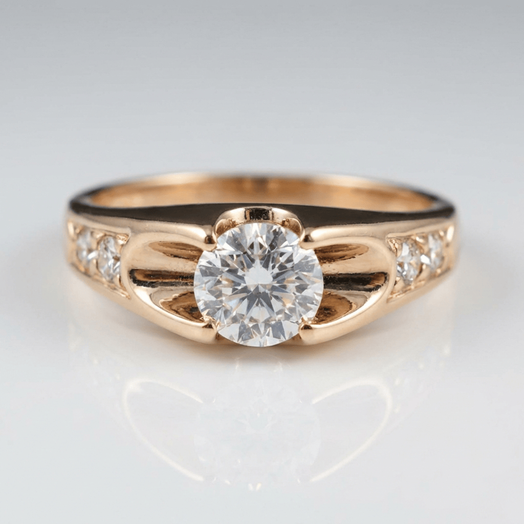 Anel de ouro rosé com zircônia solitaire da Rose & Oliver, exibindo uma pedra central brilhante em estilo clássico.