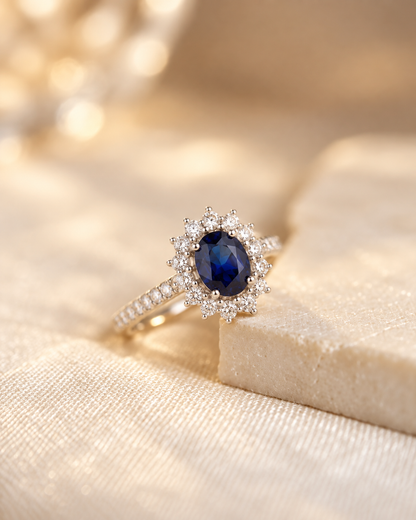 Anel de ouro com halo de safira azul e diamantes, joia elegante da marca Rose & Oliver, mostrado em uma imagem clara.